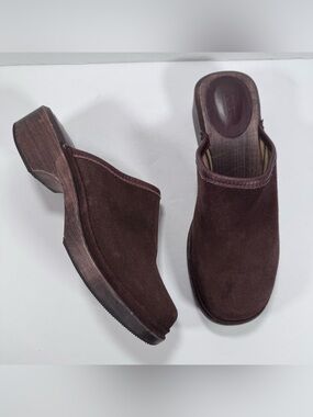 J. Crew Vintage Dark Chocolate Brown Suede Y2K 90s Wood Clog Mules Women Size 9
